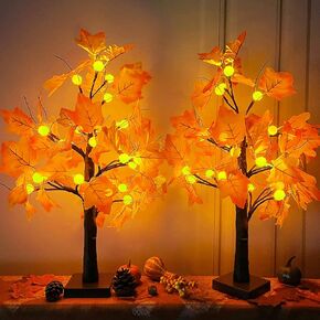[ Timer ] TURNMEON Fall Decor 2 Pack 24''/2FT Lighted Maple Tree Fall Halloween Decorations Tabletop Fall Tree 48 LEDs Battery Powered Pumpkin Lights Thanksgiving Indoor Home Decor (Orange Red)