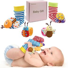 Bloobloomax Baby Rattles Toys for 0-12 Month, Infant Girl Boy Toys for Babies 3-6 Months, Newborn Hand & Foot Toys for 0 to 9 Months, Baby Shower Gifts Set with Wrist Rattle Socks-Light Blue Gift Box