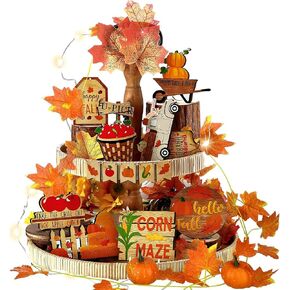 15 Pcs Fall Tiered Tray Decor Set Pumpkins Farmhouse Decor Autumn Maple Leaf Table Centerpieces Thanksgiving Harvest Wood Blocks Signs for Home Decor
