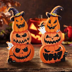 2Pcs Cute Halloween Tiered Tray Decorations Indoor, Glitter Halloween Wooden Signs Stacked Pumpkins Table Decorations with Ghost Witch Hat, Halloween Pumpkin Blocks Centerpieces for Party Home Decor