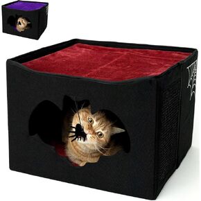 Gothic Cat Bed for Indoor Cats or Pets, Foldable Cat Halloween House 17x17x12.8, Includes Bat-Shaped Entry, Spider Toy, Scratch Pad, and Soft Cushion for Goth Cat, Black and Red Gothic Cat House