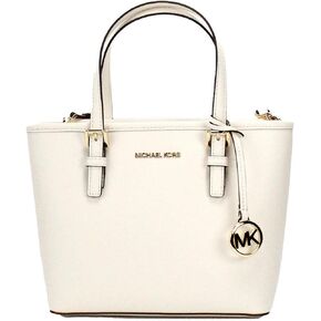 Michael Kors Jet Set Travel Small Carryall Convertible Top Zip Tote Saffiano Leather Crossbody Bag Purse Handbag (Light Cream)