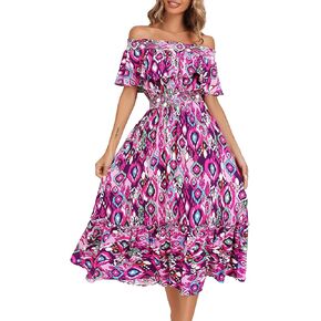 Women's 2024 Spring Summer Boho Off Shoulder Midi Dress Floral Short Sleeve A Line Casual Beach Vacation Dresses