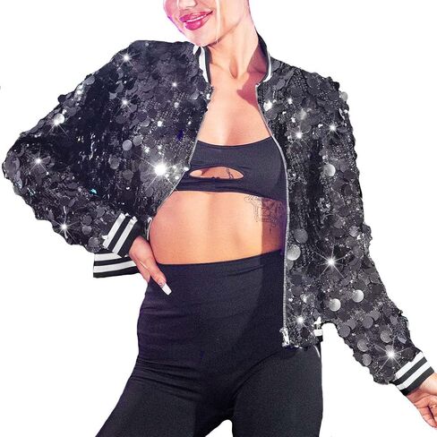 EASEDAILY Women's Sequin Jackets Sparkle Cropped Bomber Jacket Coat Zip Up Blazer Rave Outfit with Pockets in Saudi Arabia