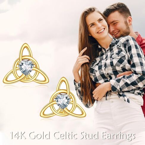 Dovran 14K Gold Celtic Knot Stud Earrings for Women Emerald Crystal Real Gold Triangle Knot Earrings Solid Gold Celtic Jewelry Gifts in Saudi Arabia