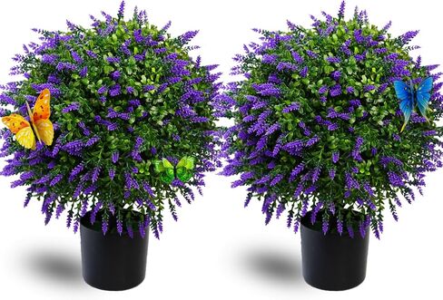 Artificial Boxwood Topiary Ball Tree 20.47" Tall Set of 2 simulated potted plants and 12 simulated butterflies ,Suitable for indoor outdoor home garden potted bushes UV protection potted plants (Red) in Saudi Arabia