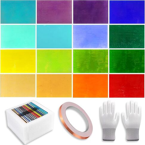 طقم صفائح من الزجاج الملون 16 قطعة مقاس 4x6 بوصة، زجاج فني للكاتدرائية، زجاج فسيفساء، لوازم صفائح زجاجية ملونة زاهية مع شريط رقائق نحاسي (7/32 بوصة) وقفازات لمحبي الزجاج DIY (شفاف) in Kuwait