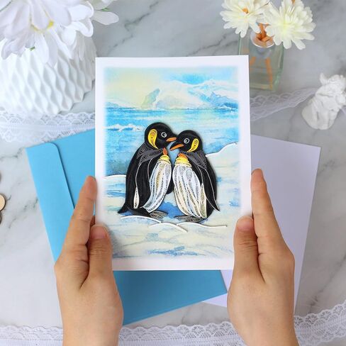 Penguin Couple Quilling Card, Anniversary Card for Wife, Husband, Parents, Handcrafted Greeting Card for Wedding, Birthday, Thinking of You, Mothers Day, Valentines Day Card in Saudi Arabia