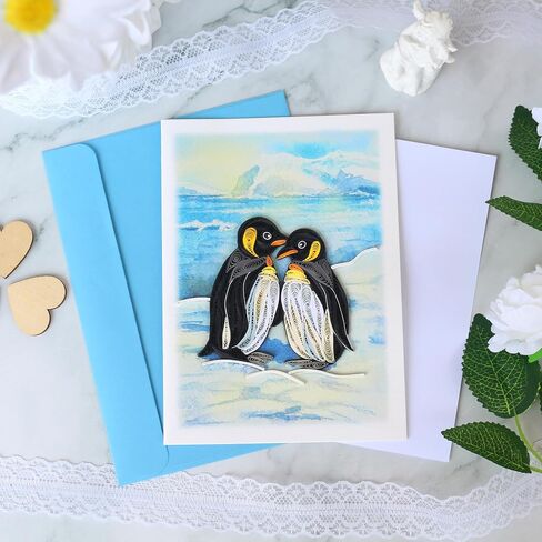 Penguin Couple Quilling Card, Anniversary Card for Wife, Husband, Parents, Handcrafted Greeting Card for Wedding, Birthday, Thinking of You, Mothers Day, Valentines Day Card in Saudi Arabia