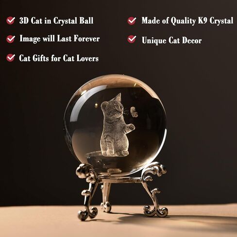 IFOLAINA 3D Cat Themed Gifts for Women Decor for Cat Lovers Cat Mom Crystal Ball Cat Related Sympathy Figurines Presents Cat Decorative Globe Decor with Stand in Kuwait