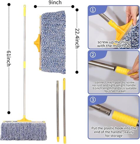 ممسحة تجارية لتنظيف الأرضيات، ممسحة مبللة قطنية شديدة التحمل بمقبض من الفولاذ المقاوم للصدأ مقاس 61 بوصة، عبوتان in Kuwait