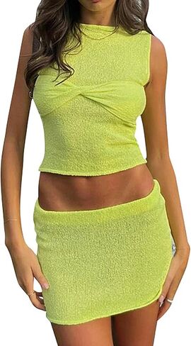 Eilova Orityle Womens 3 Piece Crochet Skirt Sets Strappy Long Sleeve Cover Up Sequins Crop Top Y2K Mini Skirt Outfits in Kuwait