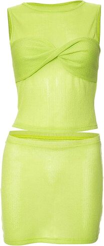 Eilova Orityle Womens 3 Piece Crochet Skirt Sets Strappy Long Sleeve Cover Up Sequins Crop Top Y2K Mini Skirt Outfits in Kuwait