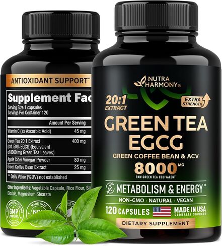 كبسولات مستخلص الشاي الأخضر 8000 ملجم - مكمل الشاي الأخضر 50% EGCG - مع حبوب القهوة الخضراء وخل التفاح وفيتامين C - إنتاج الطاقة ودعم التمثيل الغذائي - للرجال والنساء - 120 كبسولة in Kuwait