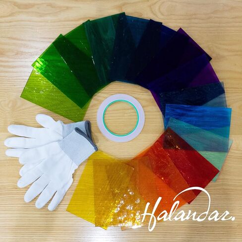 طقم صفائح من الزجاج الملون 16 قطعة مقاس 4x6 بوصة، زجاج فني كاتدرائية، زجاج فسيفساء، لوازم صفائح زجاجية قزحية الألوان زاهية مع شريط رقائق نحاس وقفازات لمحبي الزجاج (غير شفاف) (7/32 بوصة) in Kuwait