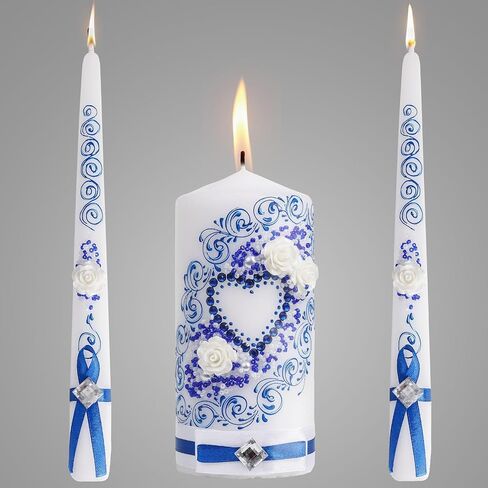 Wedding Unity Candle Set Blue - velas matrimoniales Set of 3 Ceremonial Candles - 6" Pillar & 2 10" Tapers Candles Wedding in Saudi Arabia