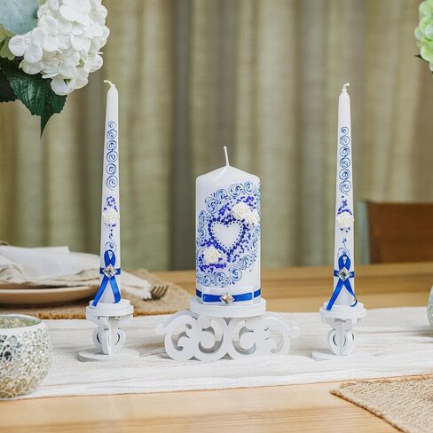 Wedding Unity Candle Set Blue - velas matrimoniales Set of 3 Ceremonial Candles - 6" Pillar & 2 10" Tapers Candles Wedding in Saudi Arabia