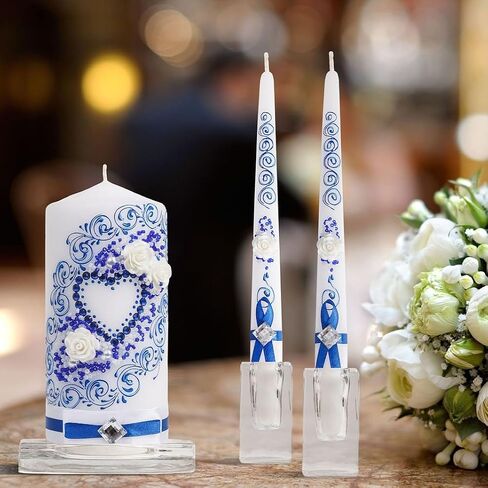 Wedding Unity Candle Set Blue - velas matrimoniales Set of 3 Ceremonial Candles - 6" Pillar & 2 10" Tapers Candles Wedding in Saudi Arabia
