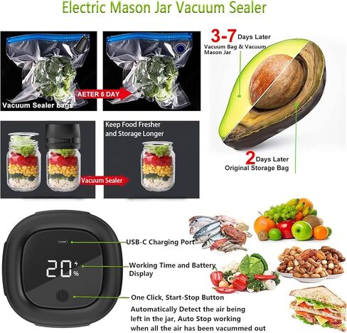 Electric Mason Jar Vacuum Sealer, Automatic Vacuum Sealer for Jars with Wide and Regular Mouth Lids 3-in 1 Canning Jars Vacuum Sealer Kit Portable Vacuum Sealing Machine Food Vacuum Storage in Saudi Arabia