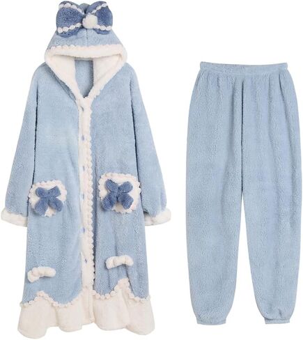 Brrioe Women's Cute Robe Button Bathrobe - Hooded Plush Sleepwear with Kawaii Pattern and trousers Sets in Saudi Arabia