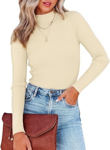 Lacozy Mock Turtle Necks Tops for Women Long Sleeve Ribbed Knit Sweater Slim Fit Basic Layer Shirts 2024 Fashion Spring Top in Kuwait