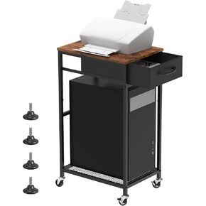 Computer Tower Stand PC Tower Stand with Storage Drawer 2 Tier Wood Rolling CPU Holder Stand Mobile Printer Cart on Wheels for Home Office, Industiral Brown and Black