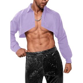WDIRARA Men's Muscle Long Raglan Sleeve Open Front Super Crop Half Top Shirt
