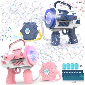 2 Pack Automatic Bubble Guns for Kids,Bubble Machine Gun for Toddlers 1-3 with LED Light&Music, No Dip Handheld Bubble Gun Party Favors Gifts, Summer Toy, Outdoors, Easter