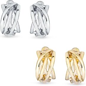 Half Hoop Shrimp Style Two Tone Woven Cable Braided Dome Weave Clip On Earrings For Women Non Pierced Ears Oxidized Silver Gold Plated Brass