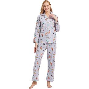GLOBAL Comfy Pajamas for Women 2-Piece Warm and Cozy Flannel Pj Set of Loungewear Button Front Top Pants