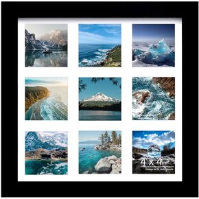14x14 Picture Frame, 4x4 Collage Picture Frame, Displays Nine 4x4 inch Photos, or 14x14 (Without Mat) for Available Horizontal Wall Mounting Display and Vertical, Black.
