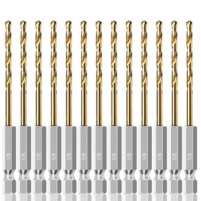 13 PCS Titanium Coated Hex Shank Drill Bit Set, HSS Twist Drill Bit Sets, Impact Driver Drill Bits for Wood, Steel, Metal, Plastic, Quick Change Design (1/16-1/4)