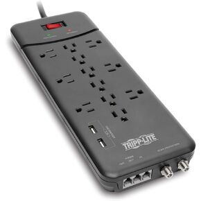 Tripp Lite 12 Outlet Surge Protector Power Strip, 8ft Cord, Right-Angle Plug, Tel/Modem Protection, RJ11, $150,000 Insurance (TLP1208TEL), Black