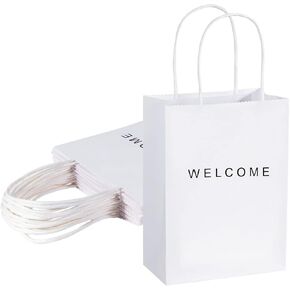 driew Welcome Gift Bags 50 Pack, 5.9 x 3.1 x 8.3'' White Paper Bags with Handles White Gift Bags for Retail, Wedding,Party, Shopping,Golden Bronzing Welcome