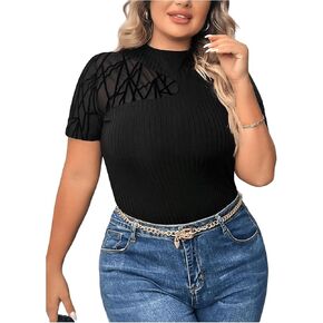 MakeMeChic Women's Plus Size Sheer Mesh Mock Neck Short Sleeve Ribbed Knit Slim Fit Tee Shirts Tops