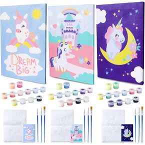 BONNYCO Paint by Numbers Kit for Kids Unicorns Pack 3 Canvas Paint by Number Canvas Framed Unicorn Gifts for Girls Arts and Crafts Kids Paint by Number Kits, Pre Drawn Canvas for Painting for Kids