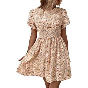 Floerns Women's Boho Square Neck Puff Short Sleeve Self Tie Front A Line Dress