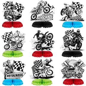 Zonon 9 Piece Dirt Bike Motorcycle Honeycomb Centerpiece Table Topper Racing Motocross Theme Birthday Party Supplies Table Desktop Decoration for Kids Birthday Motorcycle Party Photo Booth Props