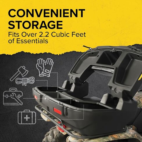 صندوق تخزين خلفي ومقعد أسود من Boar Camco UTV/ATV | تتميز بمساحة تخزين تزيد عن 7 أقدام مكعبة ومزالج قابلة للتعديل | يشتمل على قفل من الفولاذ المقاوم للصدأ مع مفاتيح | متوافق مع معظم الرفوف الأنبوبية (66010) in Kuwait