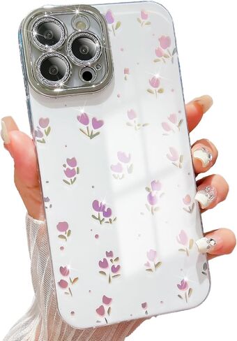 حافظة LIFCUSO مصممة لهاتف iPhone 14 Pro Max، حافظة هاتف بتصميم زهور وردية، غطاء صلب مقاوم للصدمات من مادة TPU المرنة اللامعة للنساء والفتيات، حماية كاملة لعدسة الكاميرا (أزهار) in Kuwait