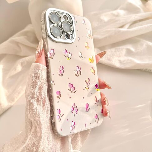 حافظة LIFCUSO مصممة لهاتف iPhone 14 Pro Max، حافظة هاتف بتصميم زهور وردية، غطاء صلب مقاوم للصدمات من مادة TPU المرنة اللامعة للنساء والفتيات، حماية كاملة لعدسة الكاميرا (أزهار) in Kuwait
