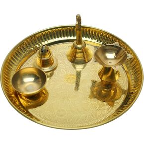 Decorative Brass Pooja Thali with Flower Design Thali Set of 5 Pcs Brass Pooja 1 Plate with 1 Bowl 1 Diya 1 Bell and 1 Incense Stand for Traditional Temple Home Bhog Thali Set (Thali Size:-7")