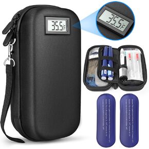 24h Insulin Cooler Travel Case with Thermometer Temperature Display, TSA Approved Medication Diabetic Cooler with 2 Reusable Ice Packs for Diabetes Supplies Refrigerated Medicine Travel Organizer