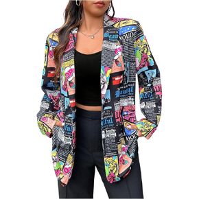 WDIRARA Women's Wrap Newspaper Print Lapel Neck Long Sleeve Casual Blazer Jacket Outerwear