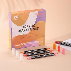 26 Colors Acrylic Paint Pens Markers, Dual Tip Dot and Brush tip, Premium Acrylic Paint Pens for Wood, Canvas, Stone, Rock Painting, Glass, Ceramic Surfaces, DIY Crafts Making Art Supplies