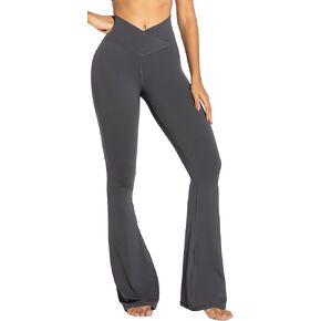 Sunzel Flare Leggings, Crossover Yoga Pants with Tummy Control, High-Waisted and Wide Leg, 32" Inseam, Dark Grey Small