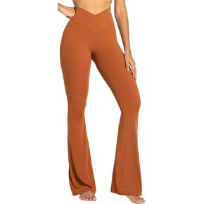 Sunzel Flare Leggings, Crossover Yoga Pants with Tummy Control, High-Waisted and Wide Leg, 30" Inseam, Coffee Large