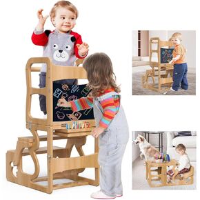 Toddler Standing Tower, Kid Step Stool Kitchen Stool Helper-Montessori with Chalkboard,3 in1 Folding Kitchen Tower Stool with Back, Learning Wooden Tower for Kitchen, Free Hands, Easy Assembly.
