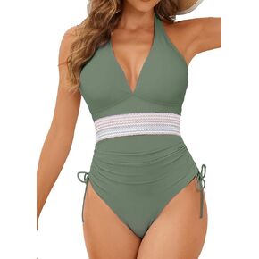 Women's Sexy Halter One Piece Swimsuits Tummy Control Deep V Neck Drawstring Bathing Suits