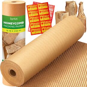 Syntus Honeycomb Packing Paper, 15" x 230' Cushion Bubble Packing Paper for Moving Shipping Packaging, Recyclable Moving Supplies Wrap Paper Roll with 20 Fragile Sticker Labels